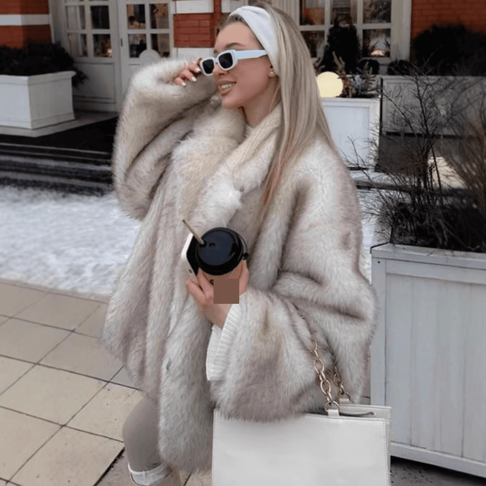 Luxury Fur Coat For Women, Winter Warm Longline Open Front Jacket, Soft Fluffy Cozy Oversized Cardigan, Elegant Streetwear Style (White/Coffe)