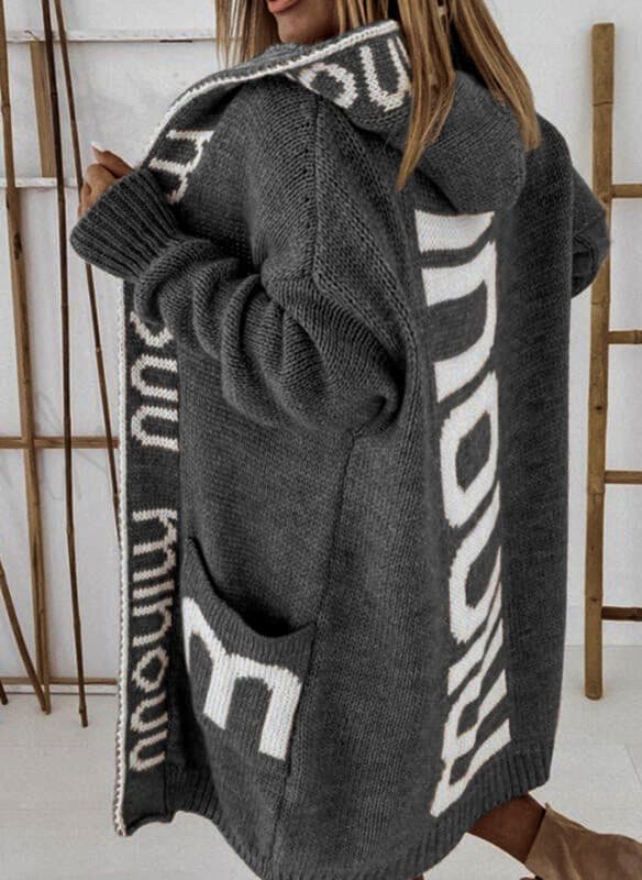 New Long Cardigan Foreign Trade Hooded Letters Sweater Women's European And American Sweater Knitted Coat