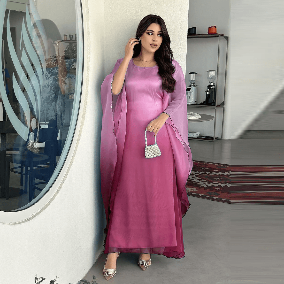 Women's Clothing Middle Eastern Modest Muslim Fashion Gradient Satin Dress One Size Robe Loose Dress