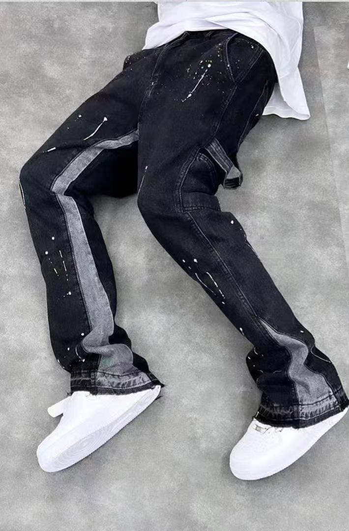 Men's Clothing High Street Trendy Splashed Ink Micro Flared Jeans Retro Vibe Style Loose Straight Casual Mopping Trousers