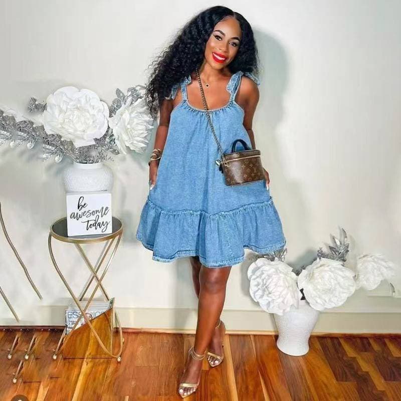 Women's Vintage Denim Lace-Up Camisole Dress Loose Slimming Ruffled Edge Midi Skirt Sweet Versatile Autumn Outfit