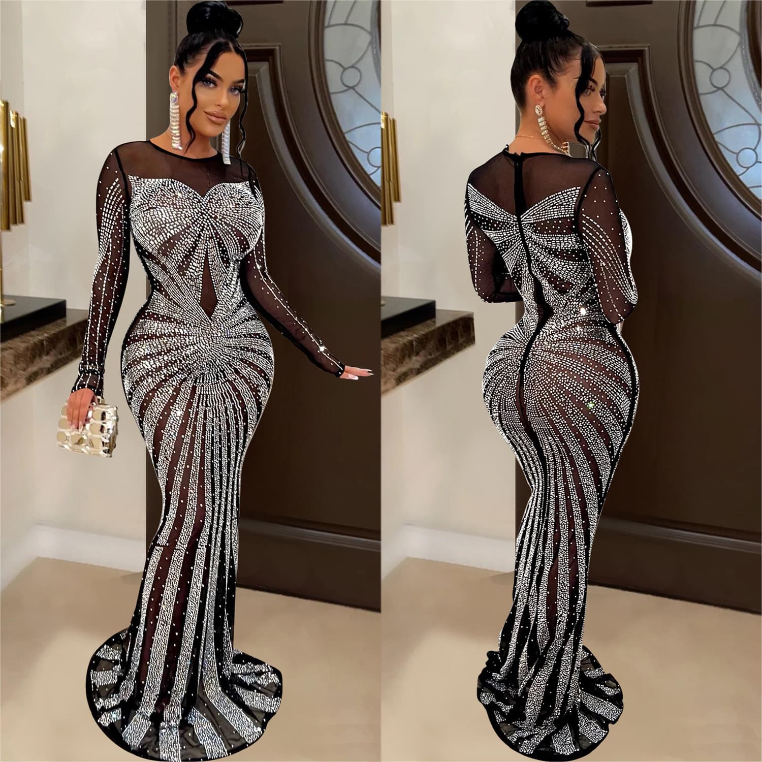 Women's fashion women's solid color mesh perspective rhinestone long sleeve dress