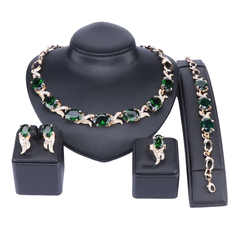 Bridal Gift Crystal Jewelry Set Women's Green Rhinestone Necklace Drop Earrings Bracelet Ring for Wedding
