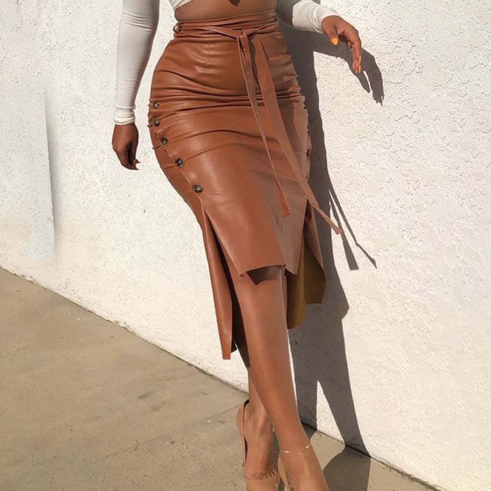 Women's slim-fit mid-length bag hip skirt PU skirt skirt