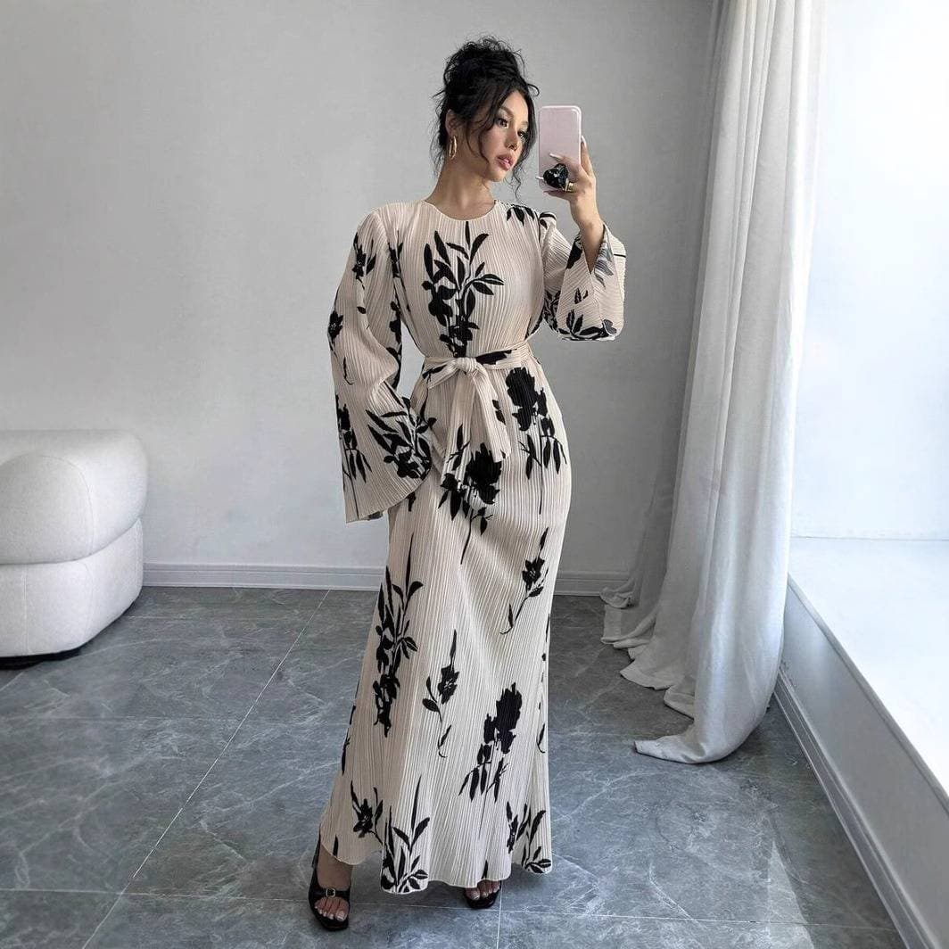 Women's Clothing Women's Autumn and Winter Elegant Pleated Fabric Trumpet Long Sleeve Dress