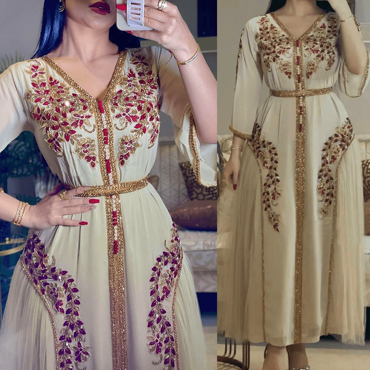 Women's Muslim Chiffon Exquisite Embroidered Belt Dress