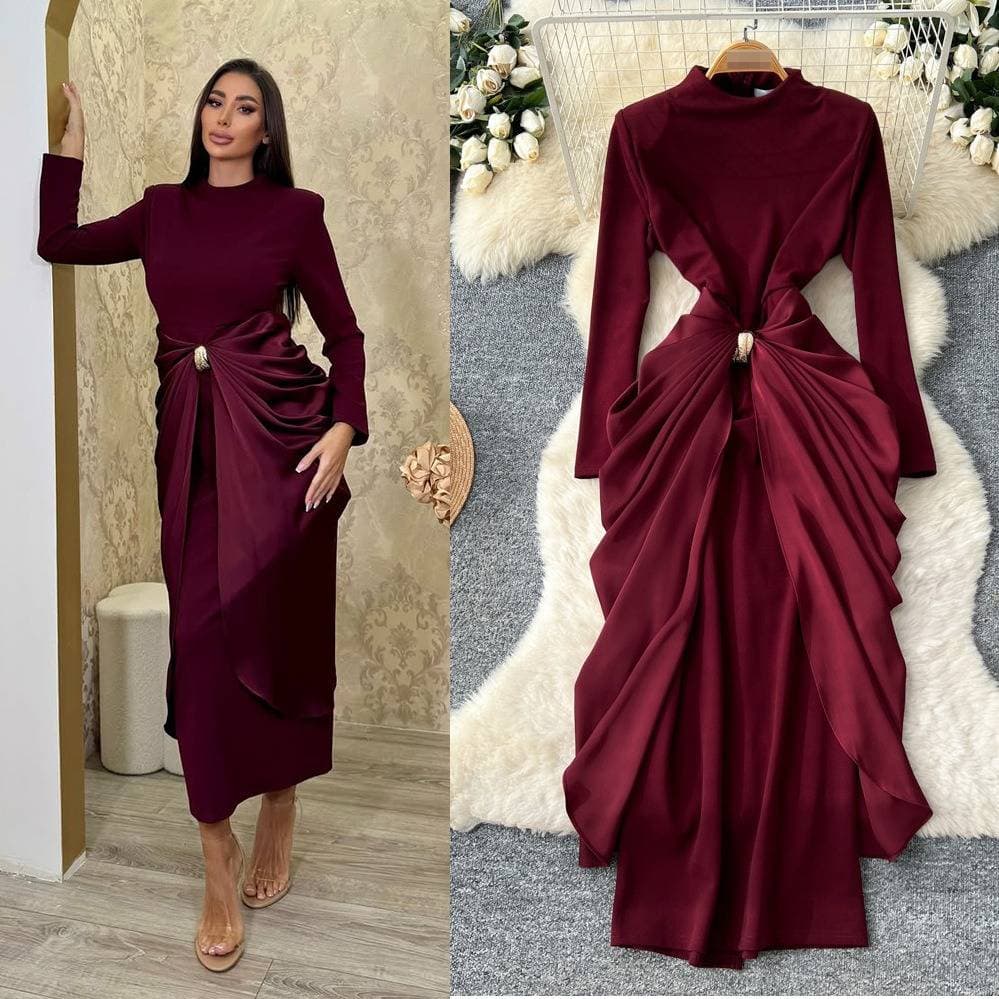Elegant Semi-High Neck Pleated Long Sleeve Dress For Women - Red Slim Fit A-Line Midi Dress For Sophisticated Style​