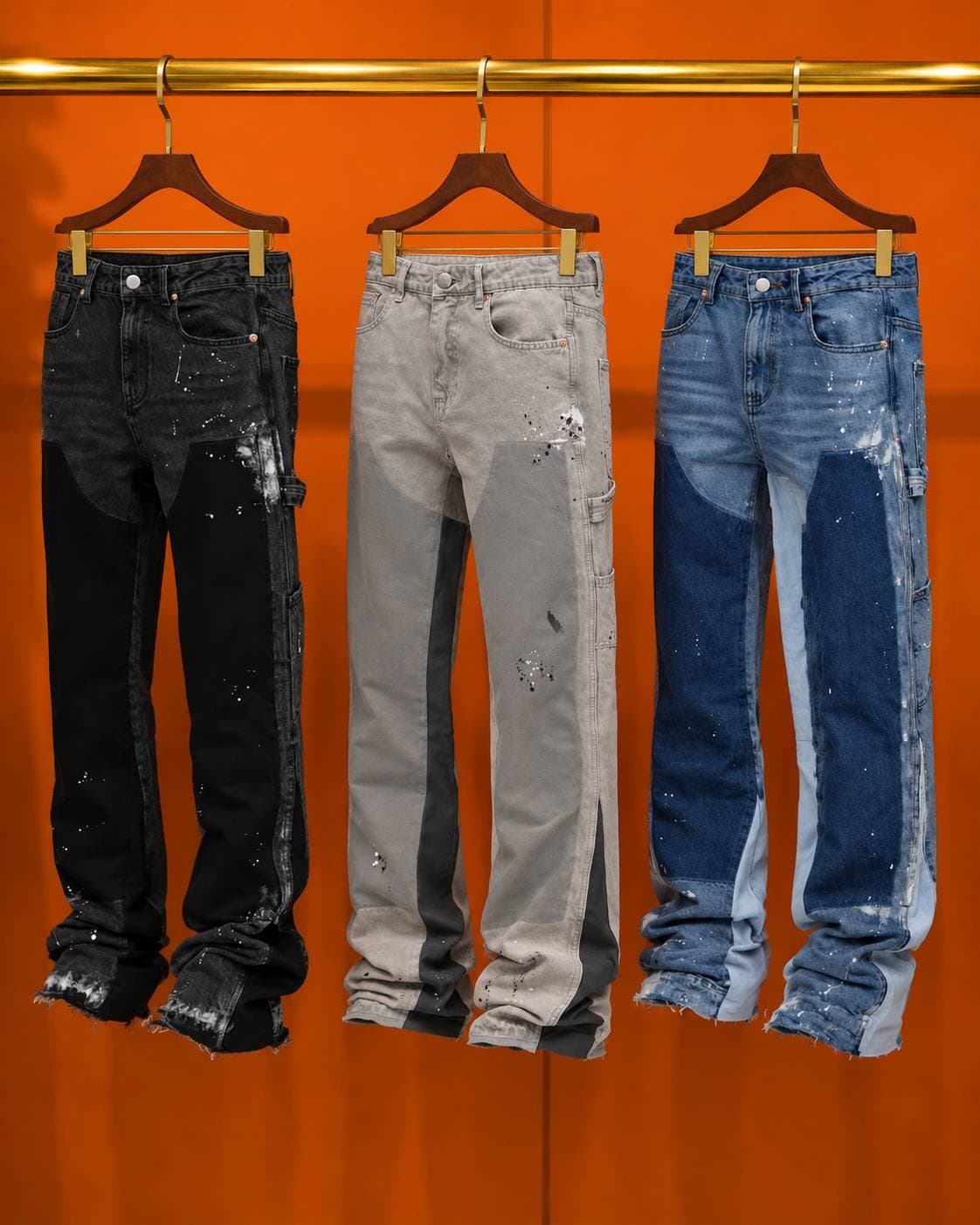 Men's Clothing Men's Fashionable Ins Workwear Elastic Patch Denim Layered Flared Pants