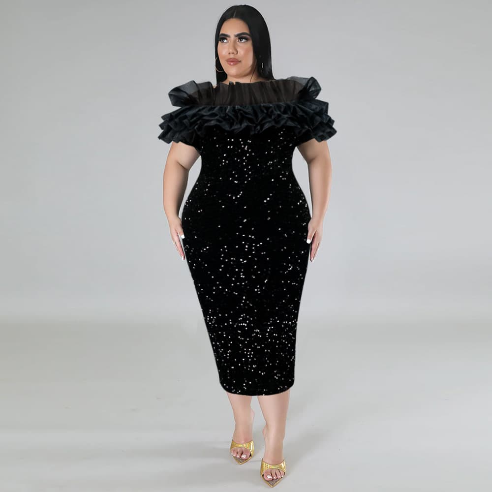 Women's sequin dress mesh splicing dress Party dress
