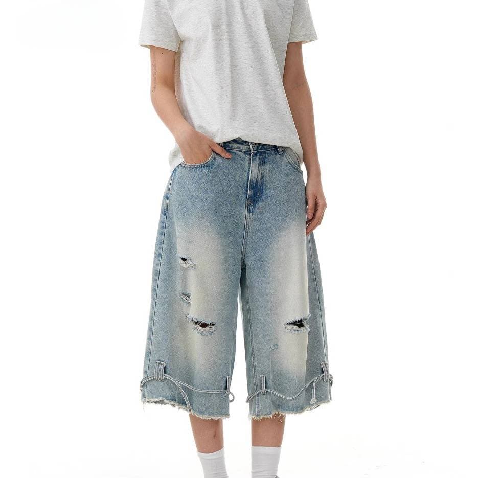 Men's Clothing Retro Street Fashion Washed Ripped Denim Shorts Loose Wide Leg Distressed Straight Drawstring Cropped Pants