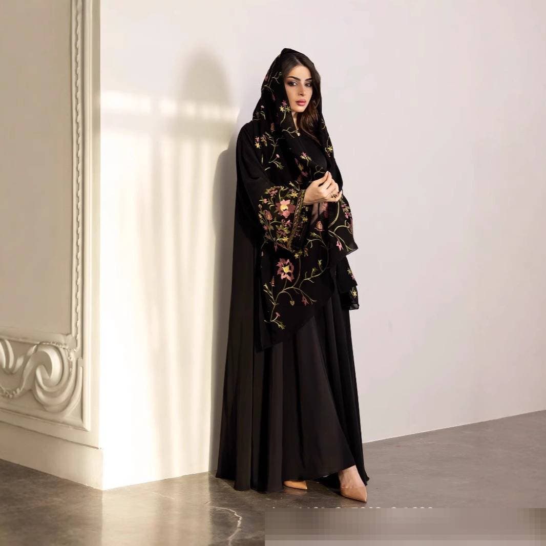 Modest Abaya Dress Luxury Embroidered & Crystal-Studded Abaya Dress With Floral Scarf – Elegant Loose-Fit Maxi Dress For Women (S-XL/One Size)