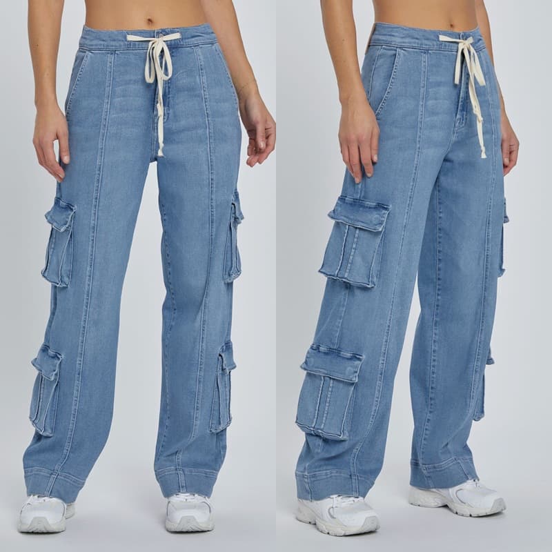Women's Clothing Spring New Street Washed Overalls Women's Multi Pocket Wide Leg Lace Up Jeans