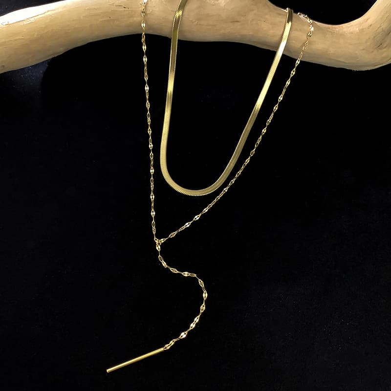 Non Fading Double-layer Titanium Steel Lock Bone Tassel Light Necklace Niche Neck Chain 2021 New Women's