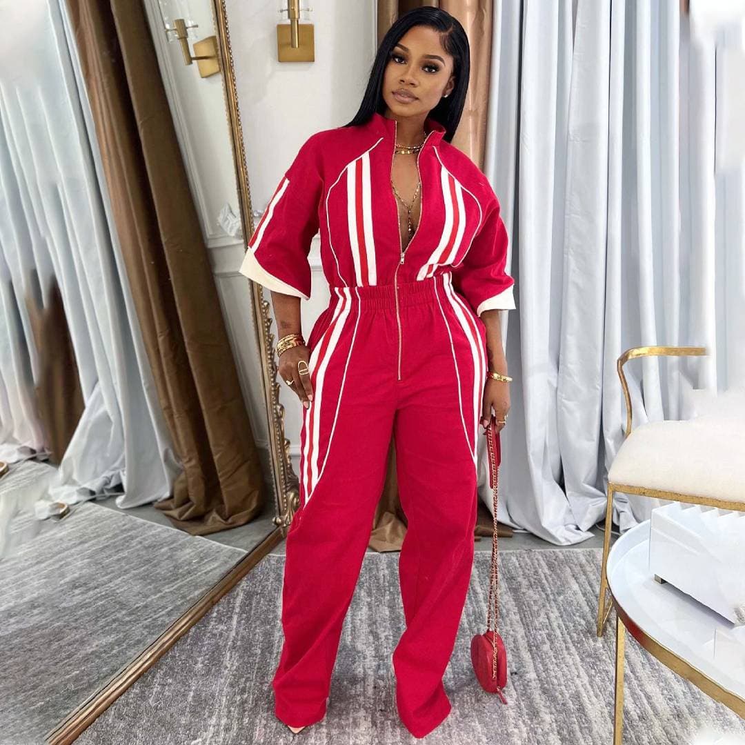 Women's Clothing Velvet Stand Collar 3/4 Sleeve Drop Shoulder Style Waist Long Zipper Jumpsuit Trousers