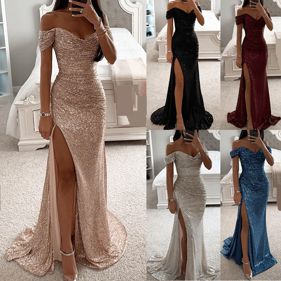 Women's Clothing Party Sequin Neckline Slit Dress Casual Fashion Dress