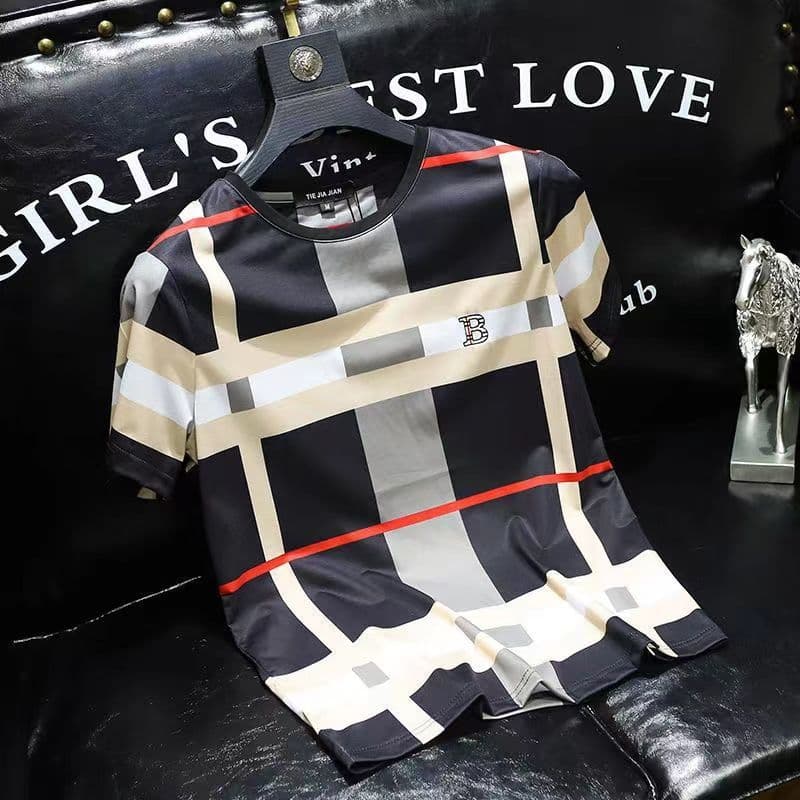 T-shirt à manches courtes pour hommes, nouveau style, en soie glacée, à carreaux, lettre B, impression, tendance jeunesse, grande taille