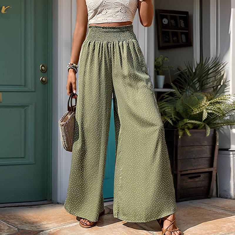 Women's Printed Trousers Commuter Style High Waist Elastic Wide Leg Pants Women