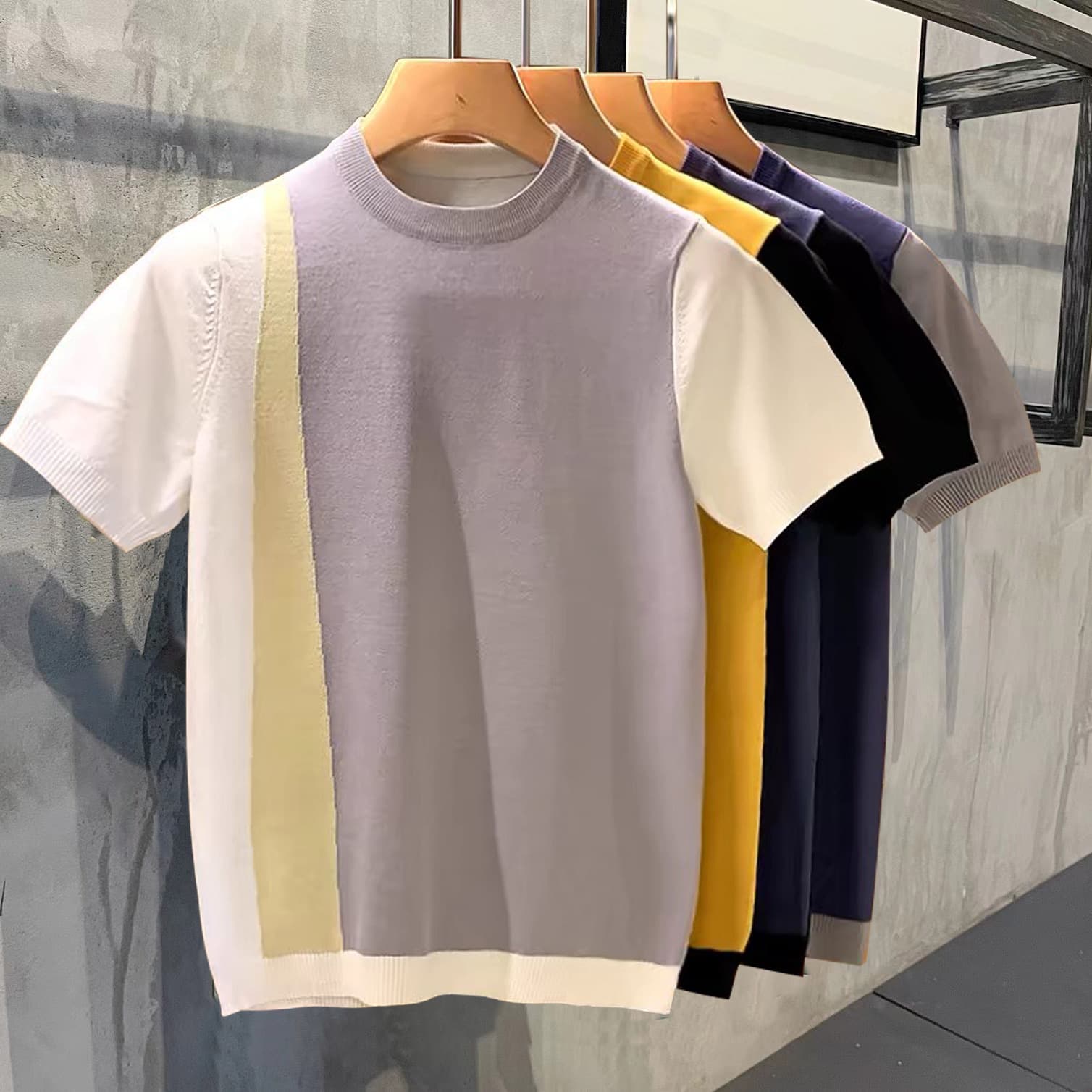 Men's Clothing Summer light mature simple fashion stitching contrast color knitted sweater men youth round neck slim fit all match knitted T shirt men