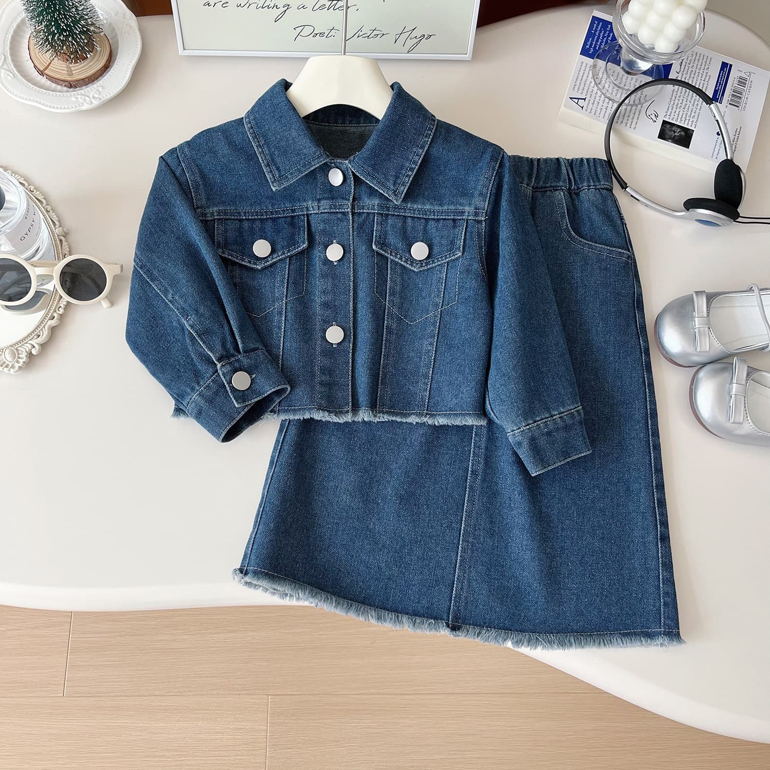 2024 autumn new Korean version girls' single breasted top long skirt baby casual denim set 67385