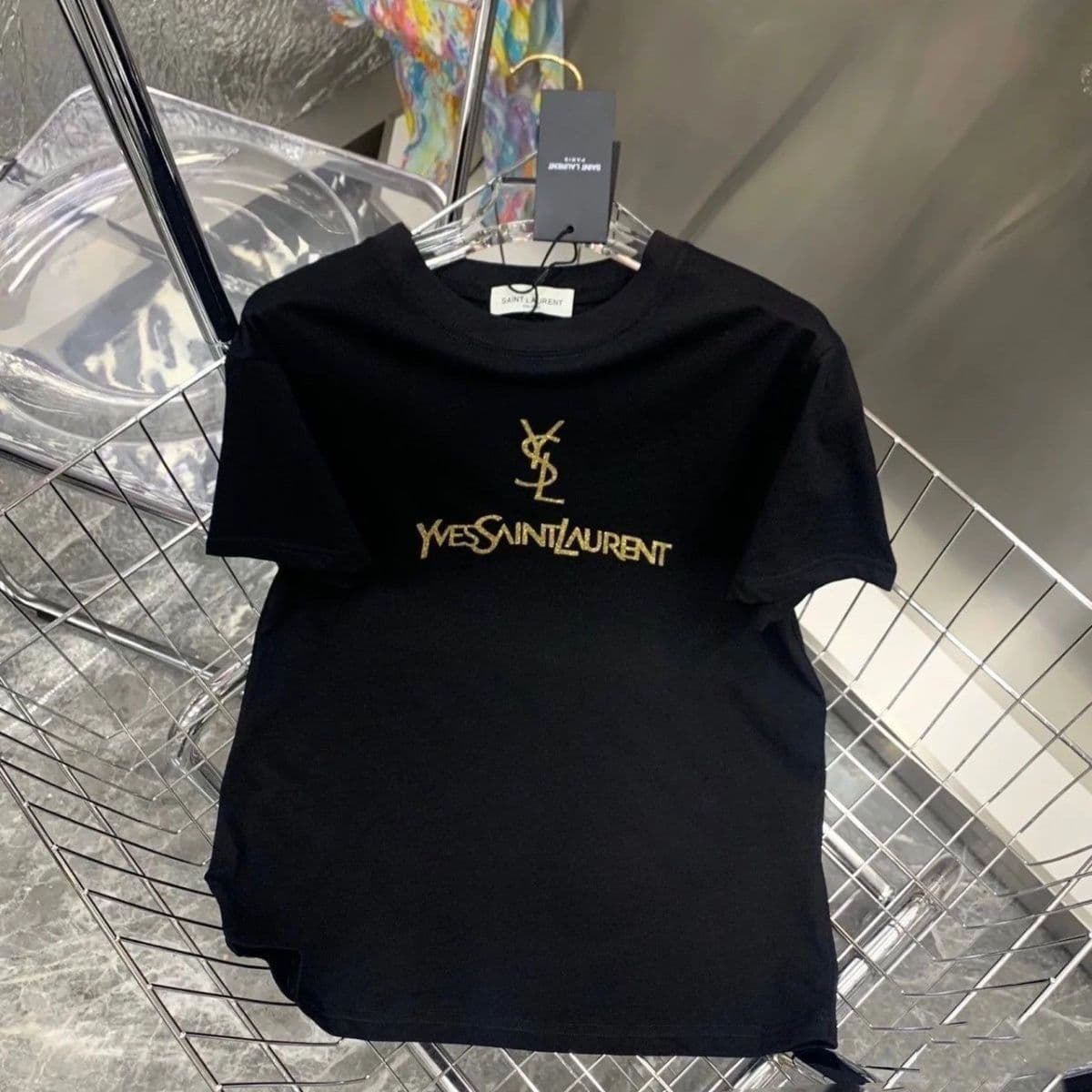 T-shirt d'été tendance pour femme, coupe slim, en coton imprimé Saint Laurent, col rond, manches courtes.