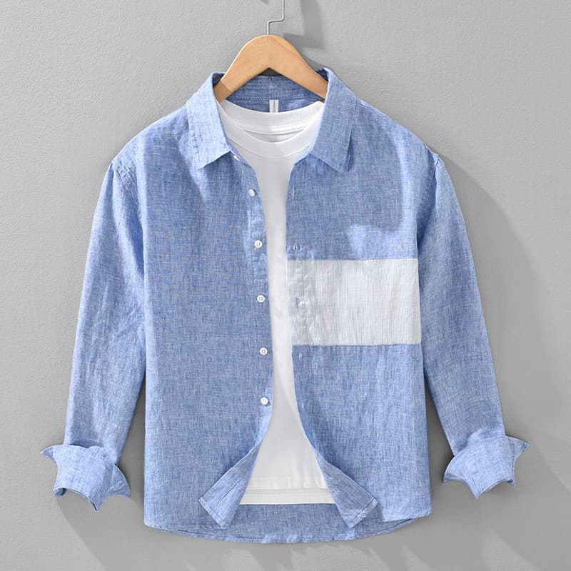 Splicing Color Blocking Long Sleeved Shirt For Men, Pure Linen Casual And Artistic Loose Top, Men's Thin Shirt