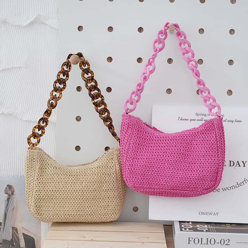 Women's Bags Summer Acrylic Chain Shoulder Underarm Bag Solid Color Simple Straw Bag Seaside Holiday Beach Bag Female