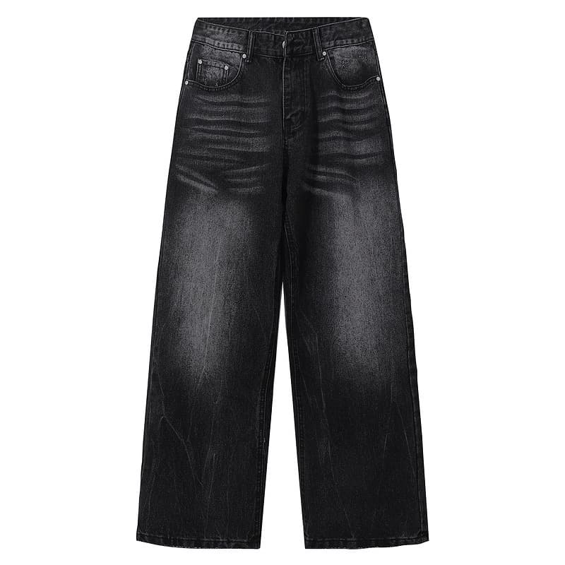 Men's Clothing Vintage Washed Black Denim Jeans – Relaxed Straight Fit (S-3XL, 98% Cotton)