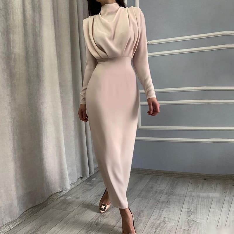 Women's Clothing Temperament Waisted And Stylish Solid Color Long-Sleeved Dress