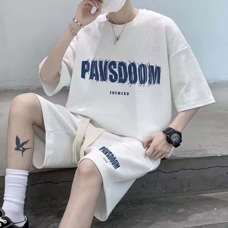 Men's Heavyweight Waffle Large Size Suit Cartoon Short-Sleeved Shorts Printed Two-Piece Suit