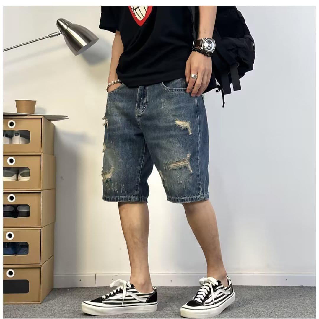 Man's Clothing Straight Leg Ripped Denim Shorts Men Loose Fashion Brand Ins Large Size Five Quarter Pants Summer Thin Scratch Pants