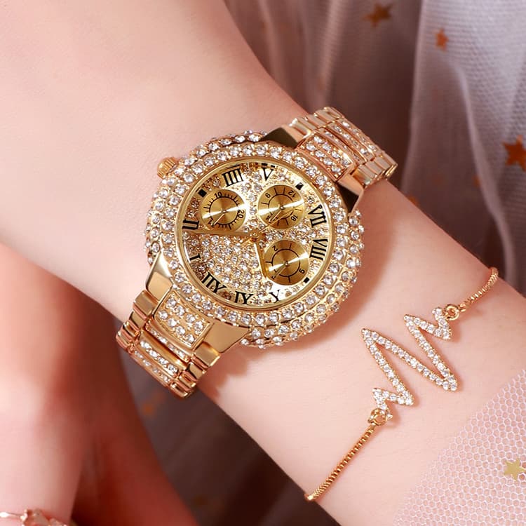 BW Elegant Wrist New Bracelet Watch Self-operated Three-eye Set Full Diamond Silver Pink 8093