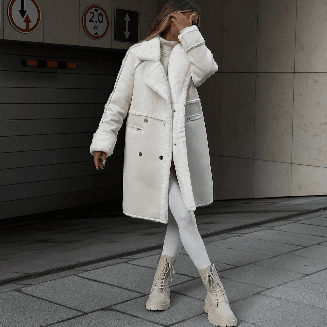 Women's suede coat suit collar long cardigan long sleeve plush coat
