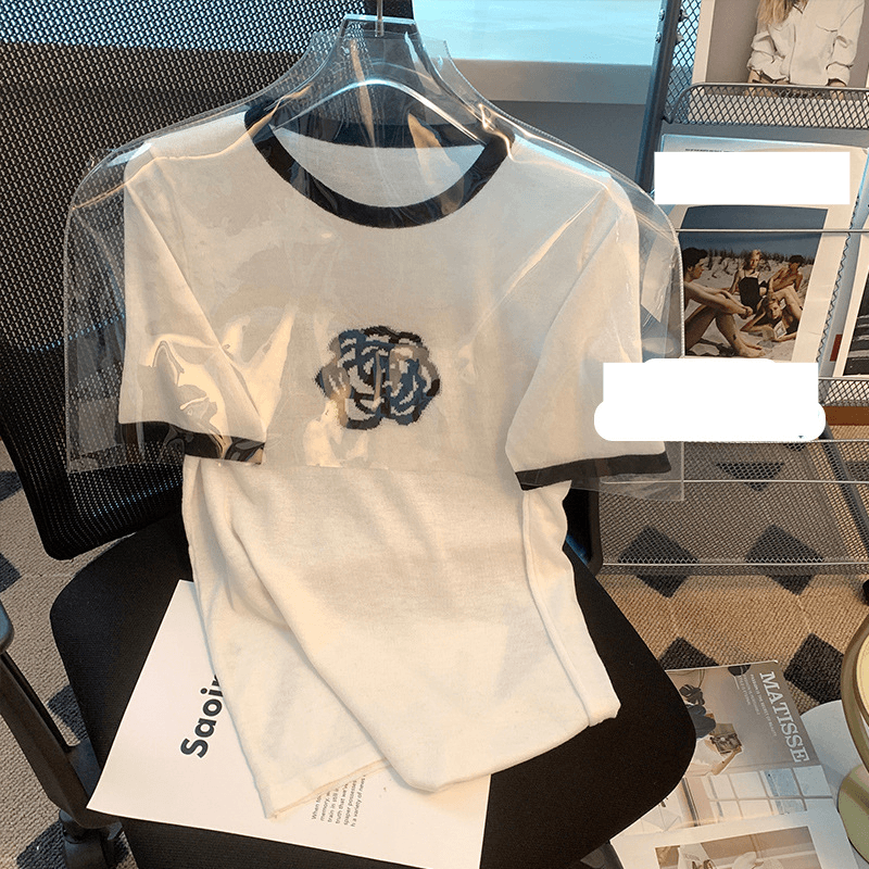 Women's Clothing Elegant contrast color round neck camellia short sleeved ice silk T shirt women's summer loose jacquard ice silk knit sweater