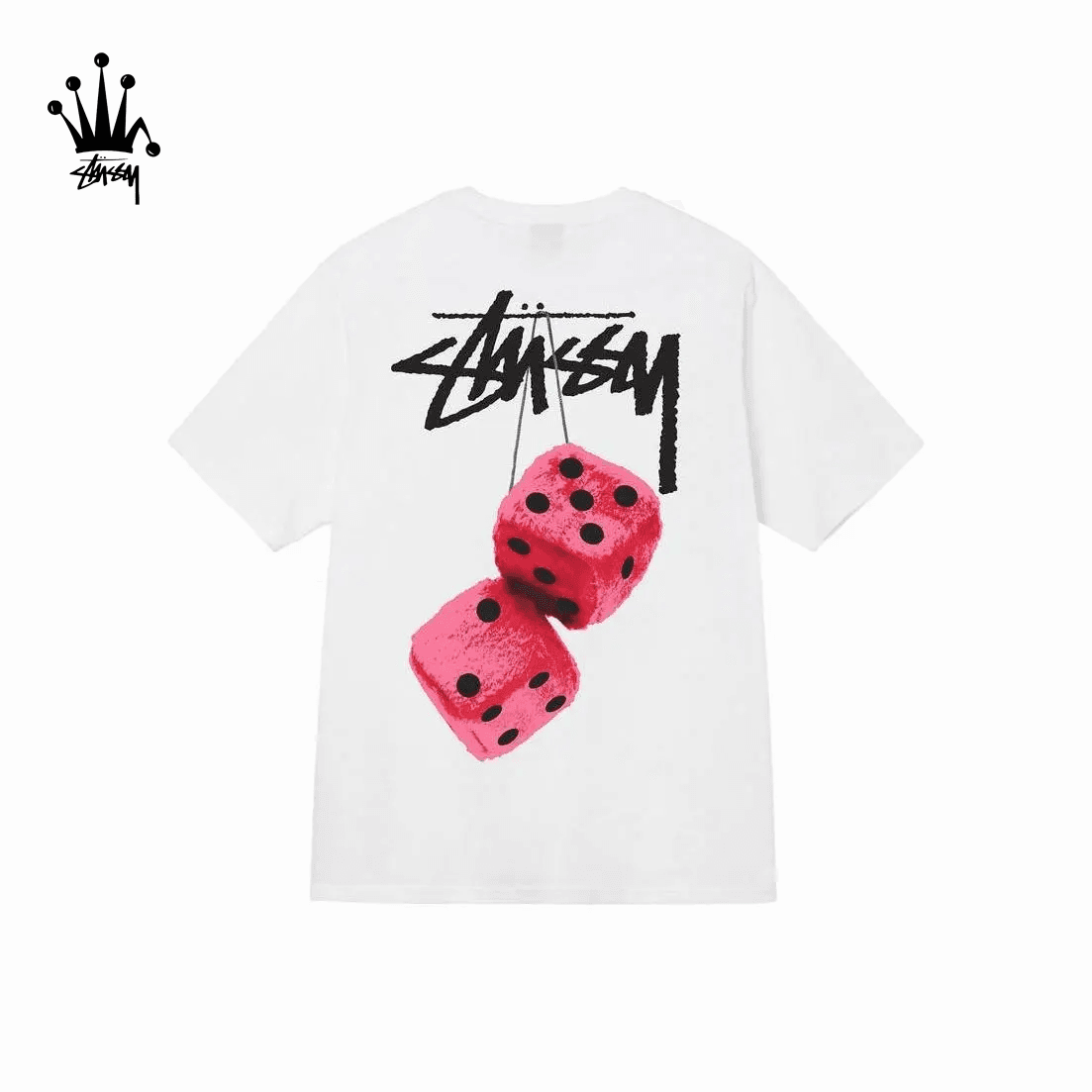 Stussy SS22 Dice Series Fuzzy Dice Tee Pattern Printed Round Neck Hooded Short Sleeve T-shirt For Couples