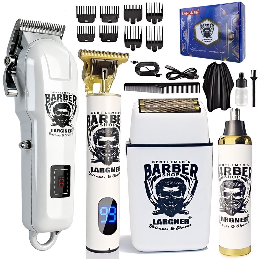 LARGNER T9+ Men's White Hair Clipper & Shaver Kit, Cordless Electric Beard Trimmer Grooming Set