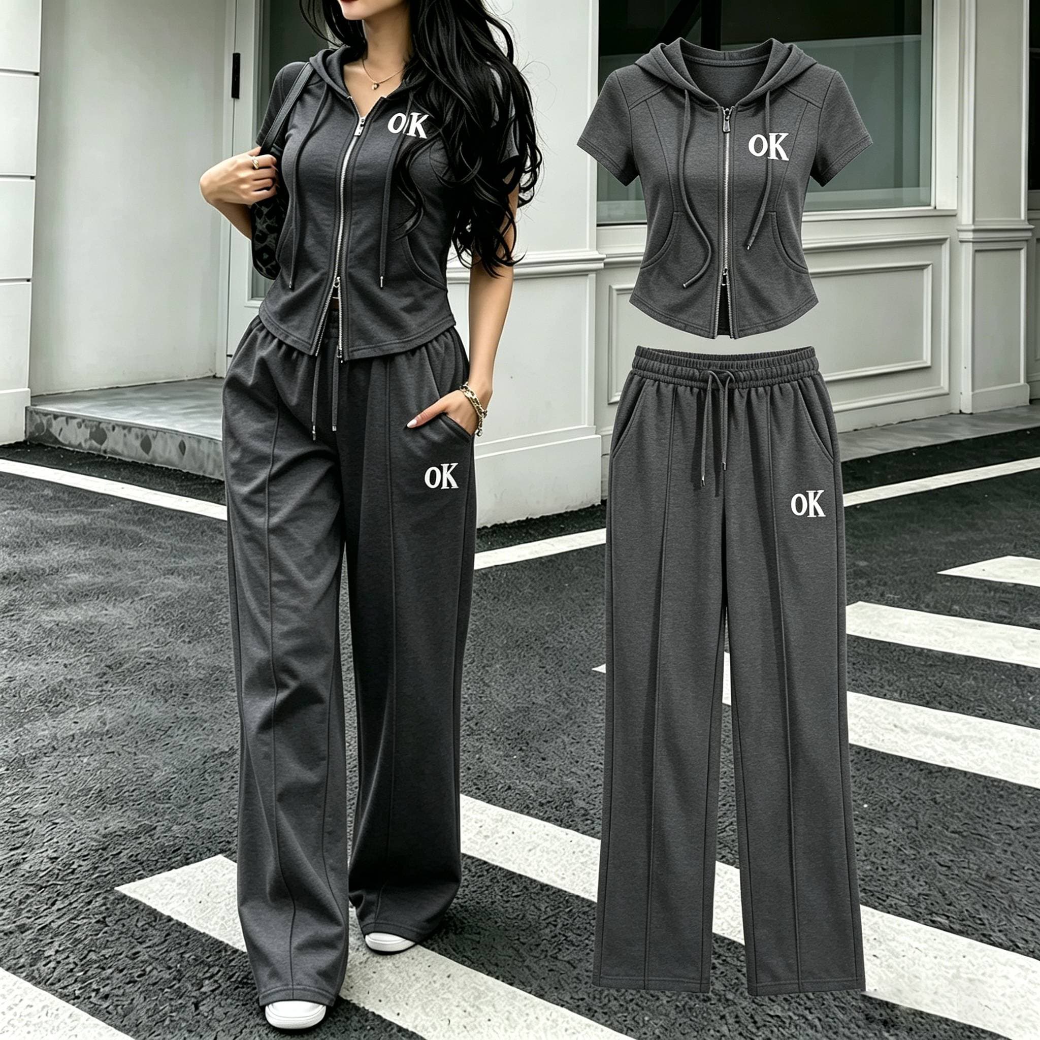 Women's Clothing Spring Color-blocked Striped Casual Sportswear Two-piece Set With Trendy Print Design.