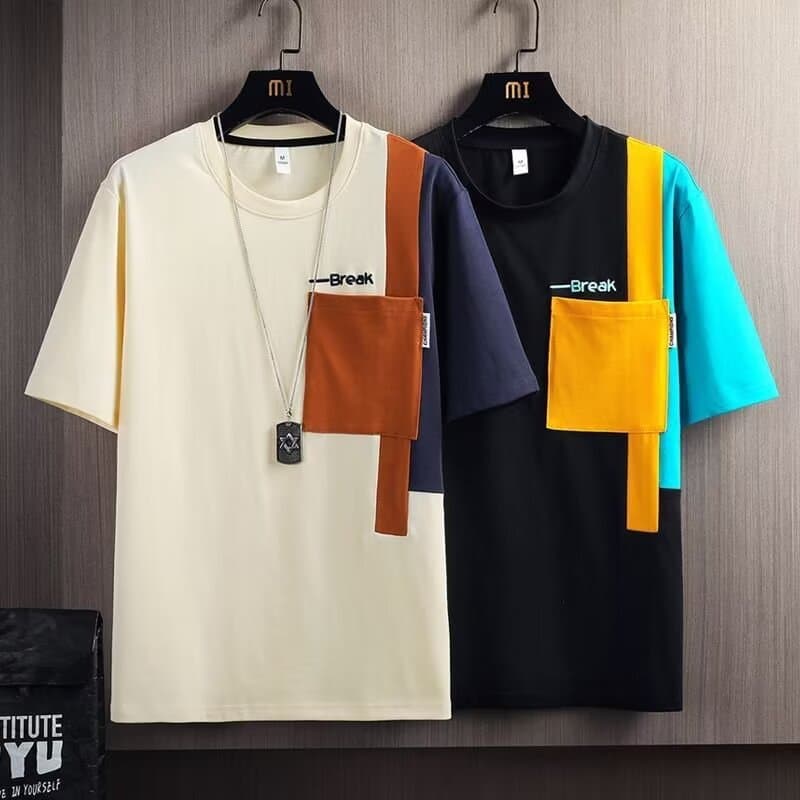 Men's Clothing Color Matching Pocket High End Half Sleeved Top New Round Neck Loose T Shirt Summer Contrast Color Short Sleeved T Shirt For Men
