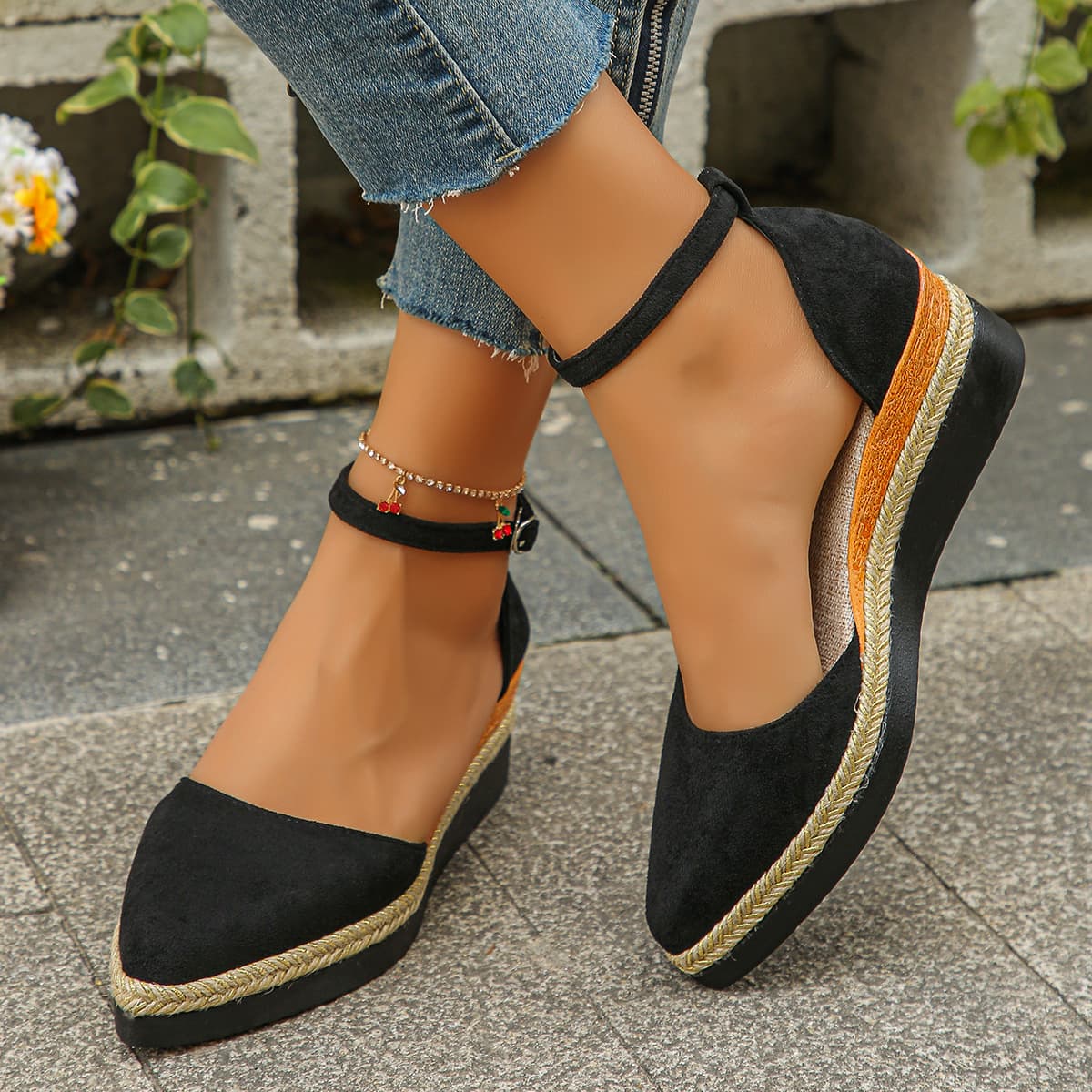 Women's Pointed Toe Hollow Sandals Summer Platform Wedge Sandals With Hemp Rope Sole Plus Size
