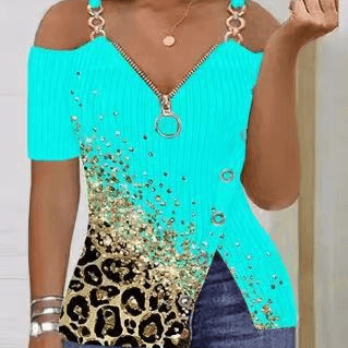 Women's Fashion Print Zip-up V-neck T-shirt