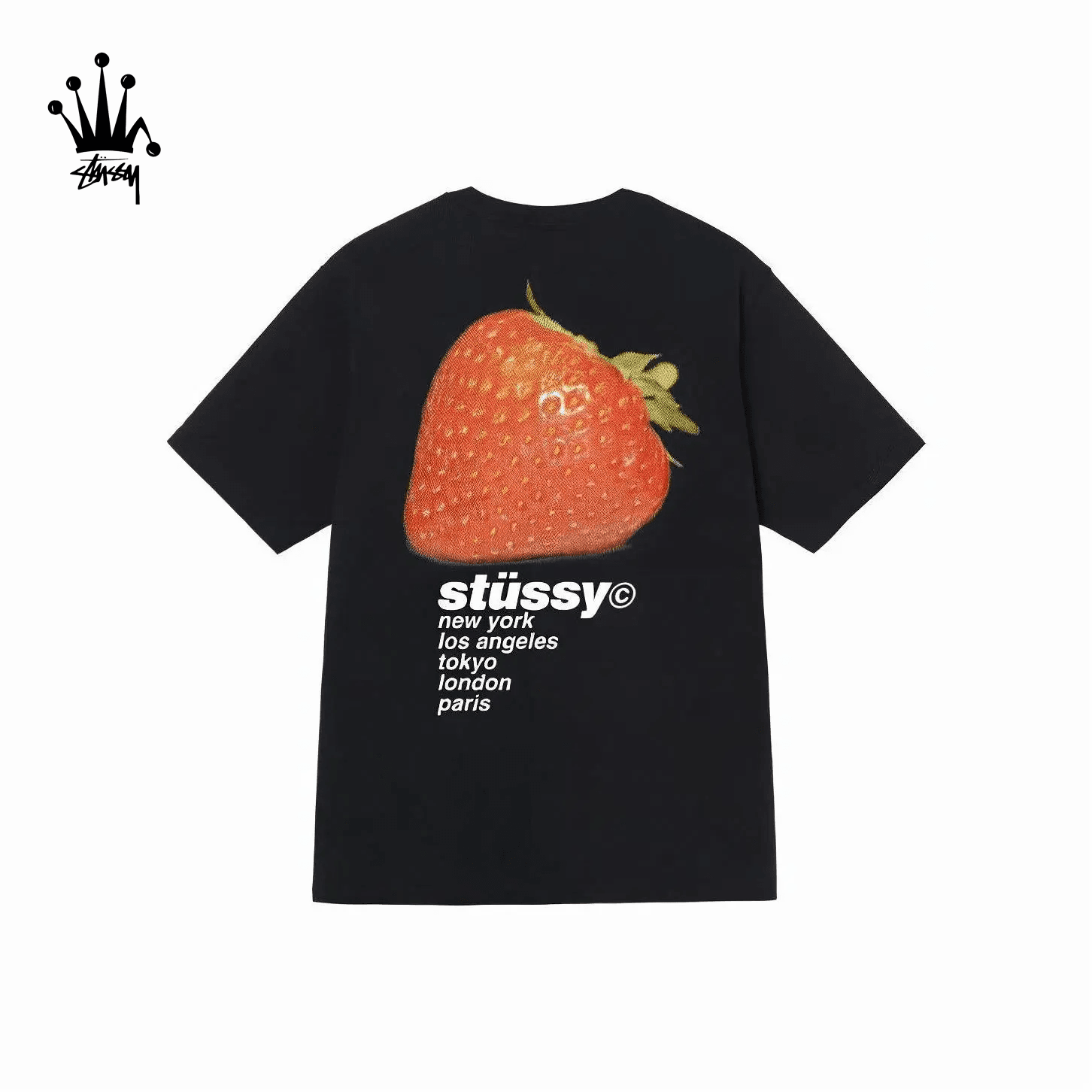 Stussy SS22 Strawberry Tee Classic Large Strawberry Printed Short Sleeve T-shirt For Couples
