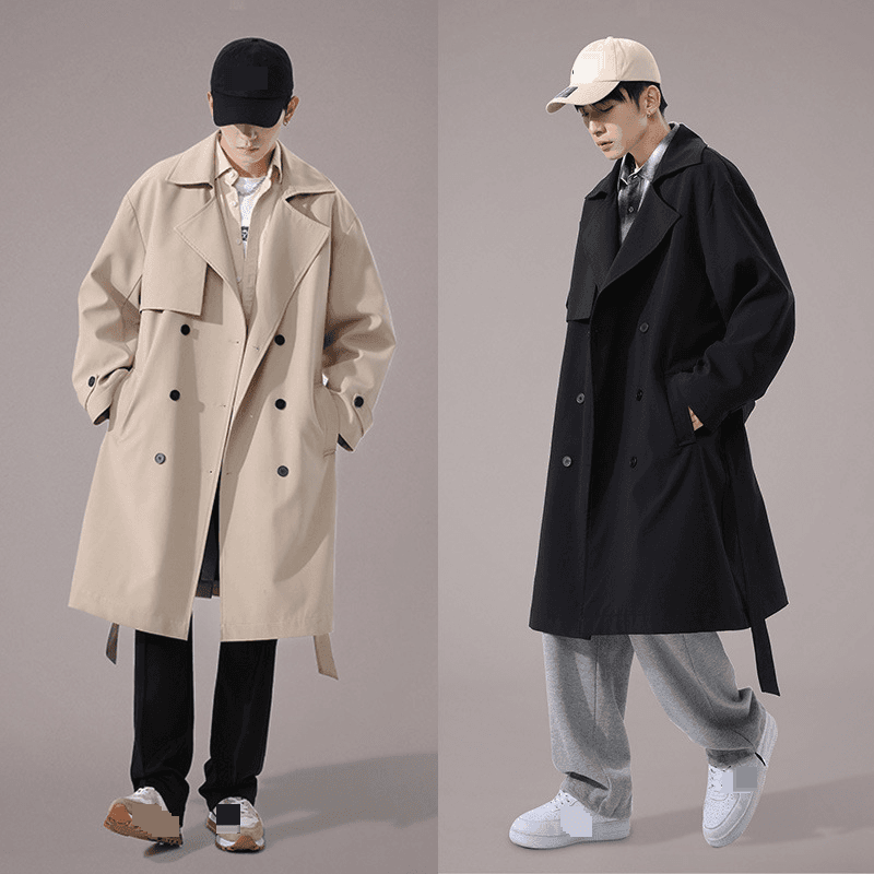 Trench-coat long pour homme, coupe ample et décontractée, avec poches - Noir, kaki (M-3XL)