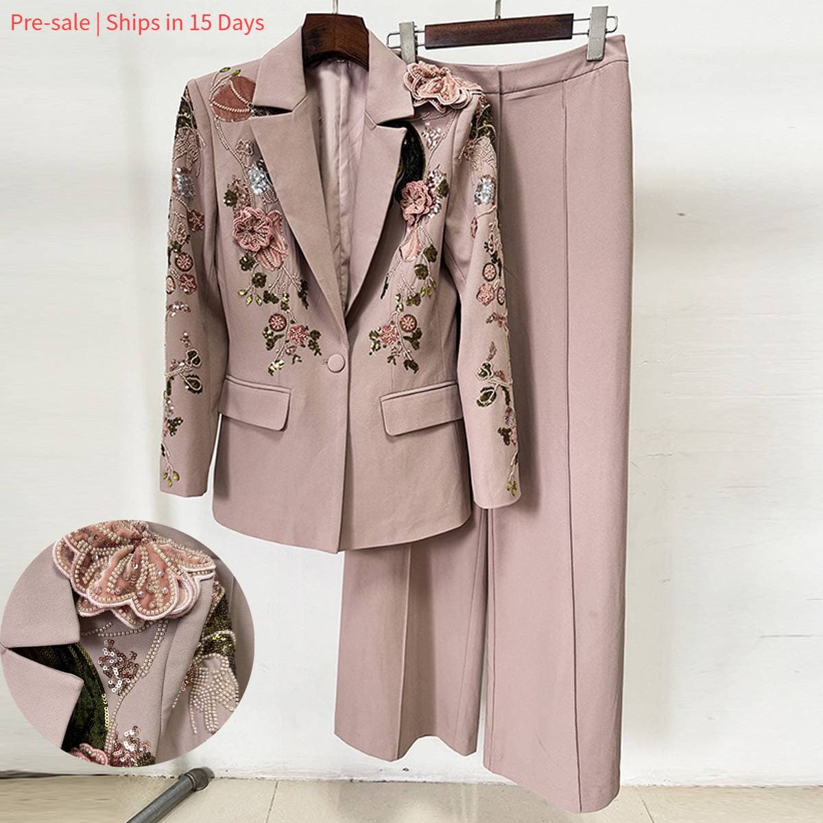 Elegant Embroidered Floral Jacket & Wide-leg Pants Set – Stylish Two-piece Outfit For Women (Pink, S-xxl)​Pre-sale | Ships In 15 Days