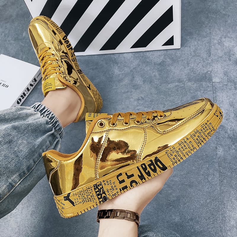 Couple Shoes For Spring And Autumn, Personalized Patent Leather Glossy Local Tycoon Gold Sneakers For Men And Women, Sports And Leisure