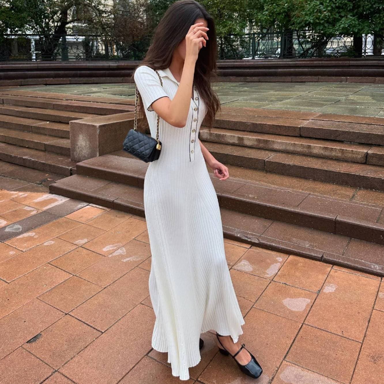 Women's Clothing Temperament Splicing Contrast Color Hip-wrapped Short Sleeve Long Single-breasted Knitted Dress