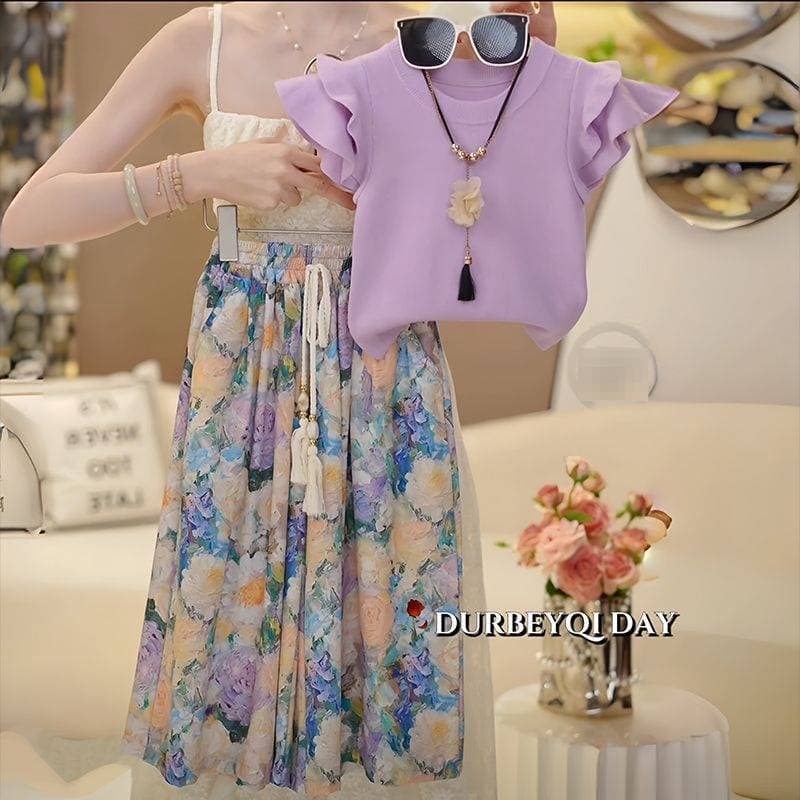 Girls' Summer Outfit Set – Floral Sleeveless Top + Quick-Dry T-Shirt & Mosquito-Repellent Wide-Leg Pants (Purple, 110-170cm)