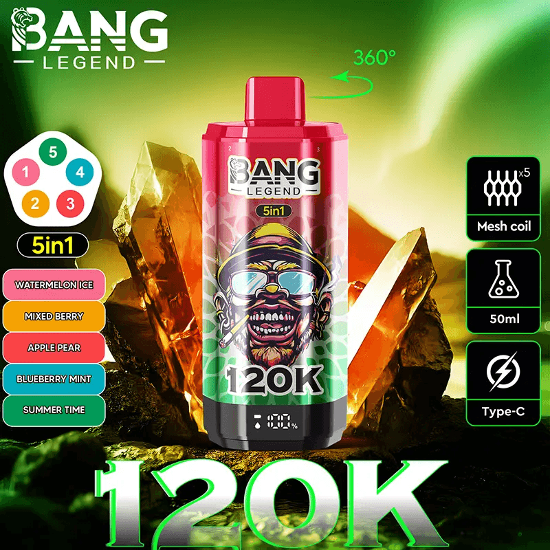 Lot de 2 cigarettes électroniques jetables Bang Legend 120 000 bouffées avec écran, saveurs fruitées et glacées.