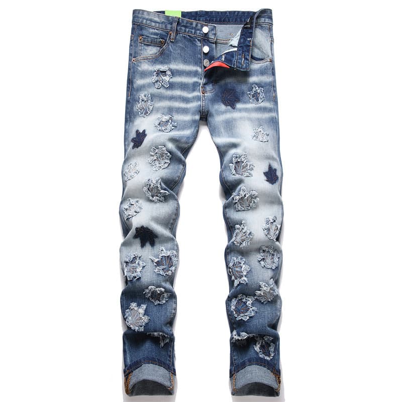 Men's Clothing Spot new spring punk men's jeans ripped patch embroidery slim waist men's pants