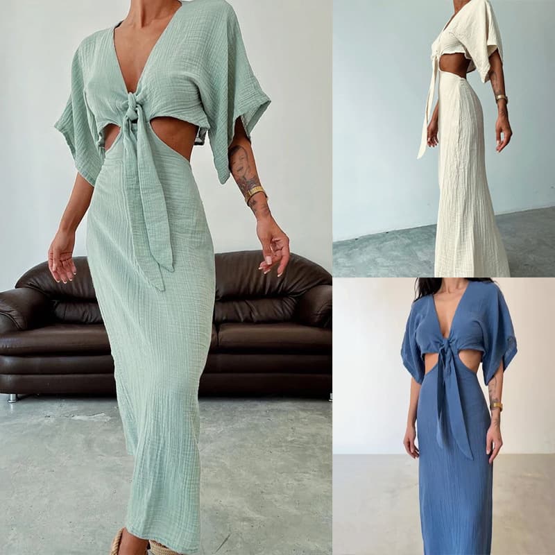 Women's Clothing sexy slim waist V neck dress summer new hollow backless dress long skirt