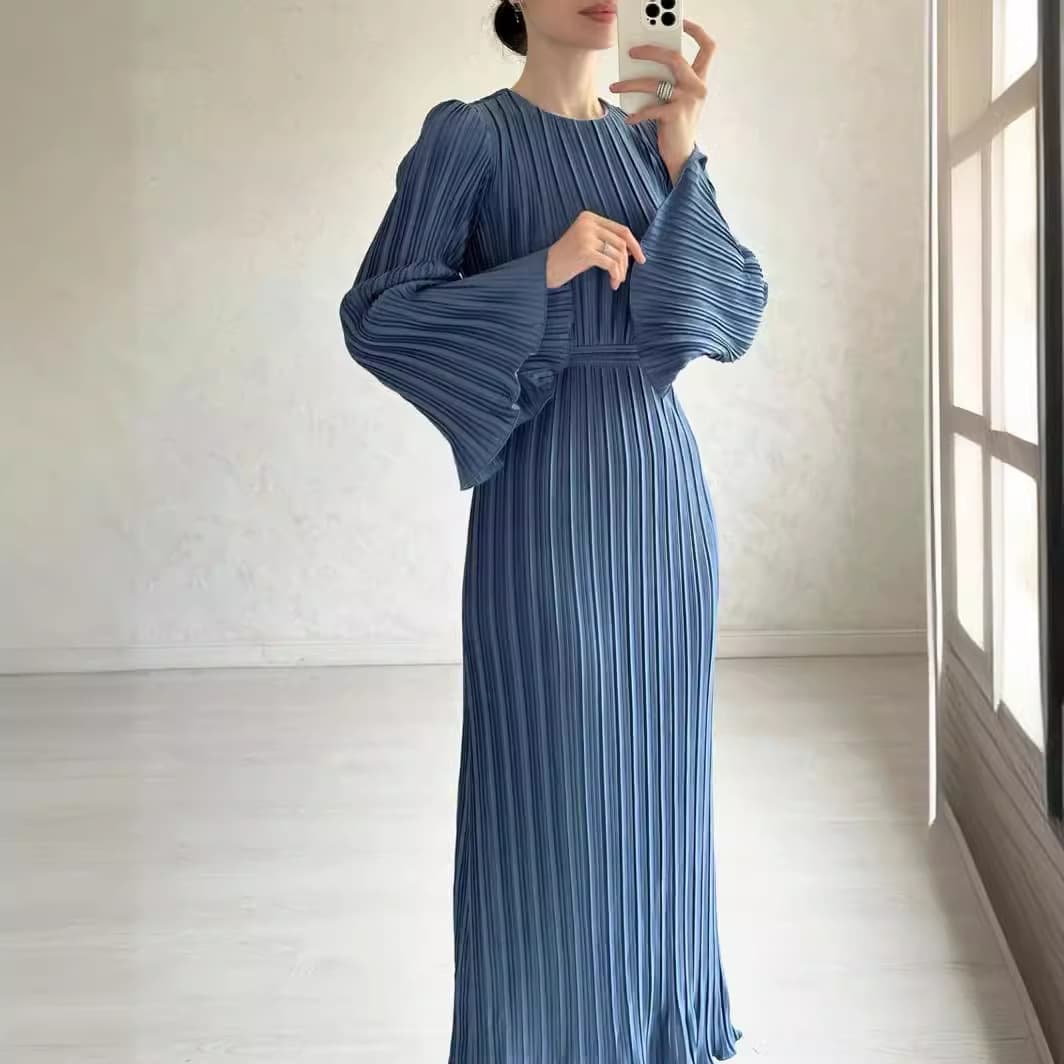 Women's Clothing new autumn long skirt temperament pleated bell sleeve mid length dress