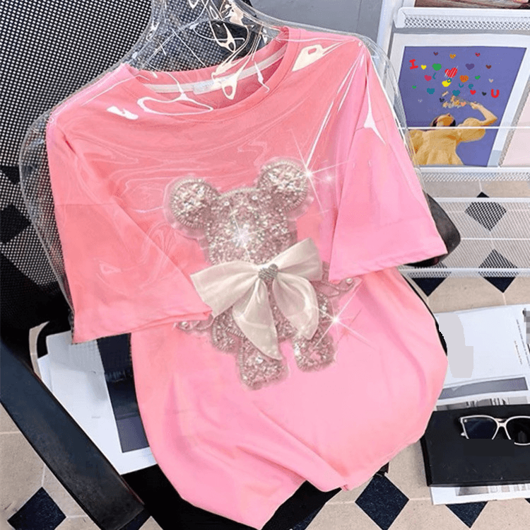 Women's Clothing Goods Three Dimensional Diamond Sequin Embroidery Cartoon Short Sleeved T Shirt For Women Summer Loose Fashion Age Reducing Tops